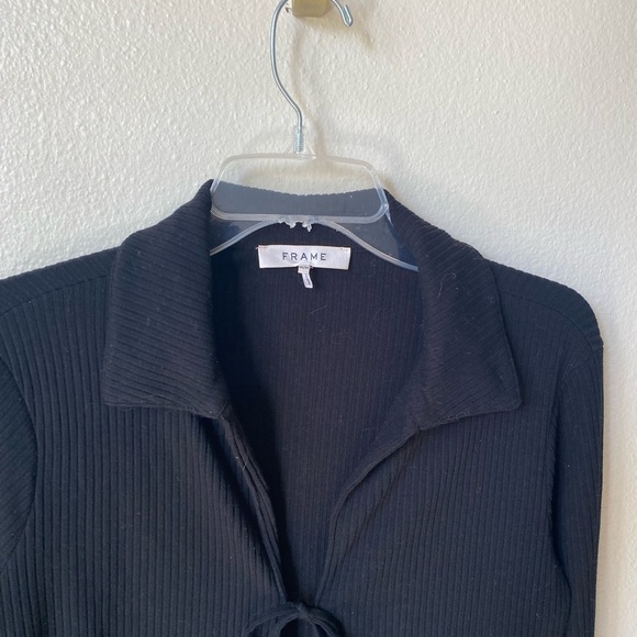 Frame Women’s Bell Sleeve Rib Polo Top Black Size Medium Tie Front Crop - Picture 4 of 8